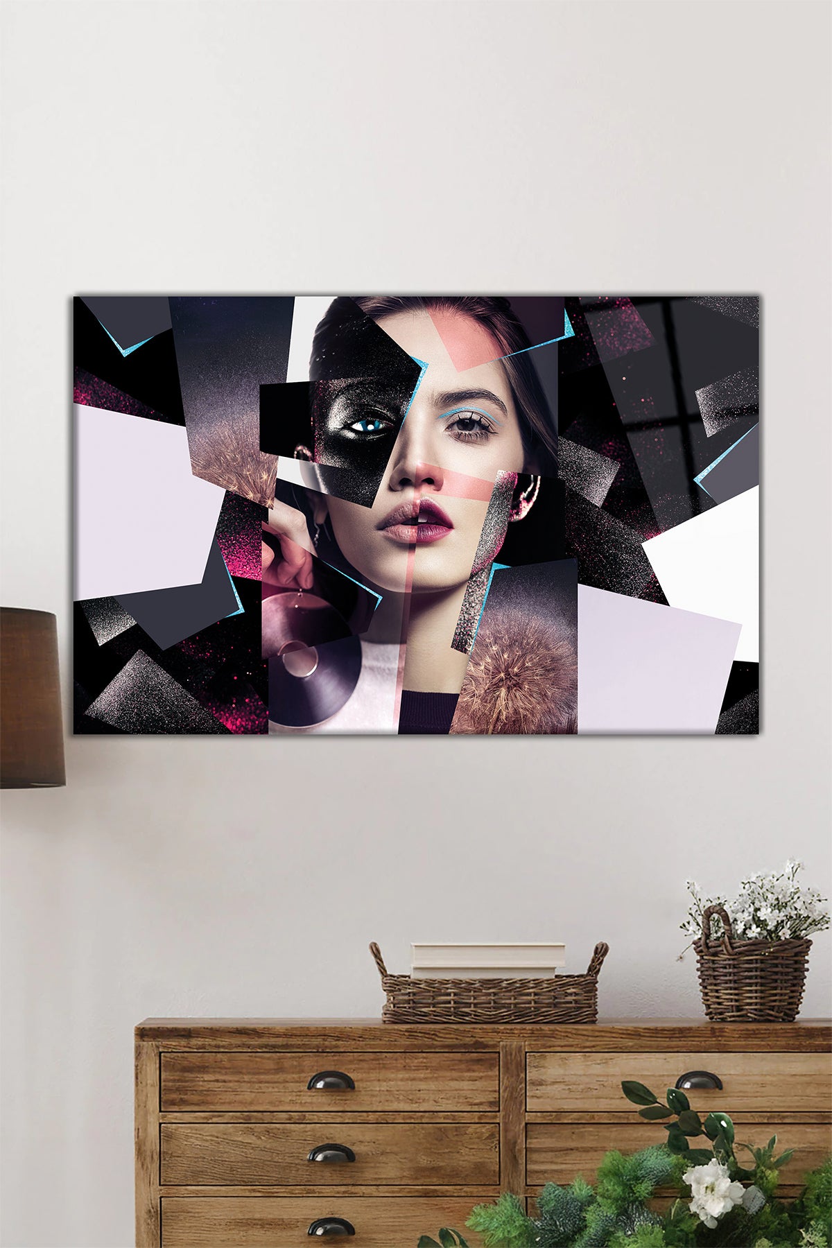 Kolaj Kadın Portresi Yatay Cam Tablo, Cesur Sanat, Ev ve Ofis Duvar Dekoru, Lüks Hediyelik