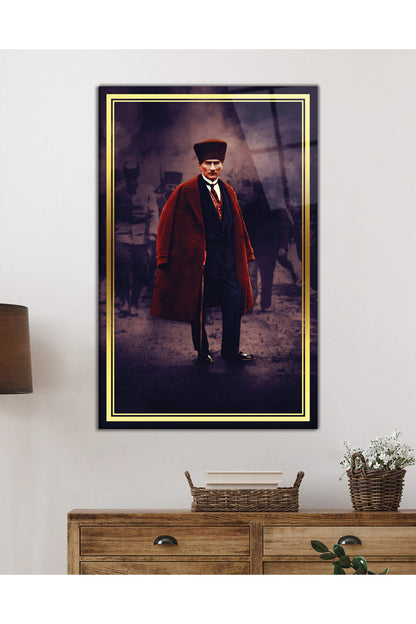 Gold Şeritli Mustafa Kemal Atatürk Portresi Cam Tablo, Ev Ofis Okul Duvar Dekoru Hediyelik Temperli