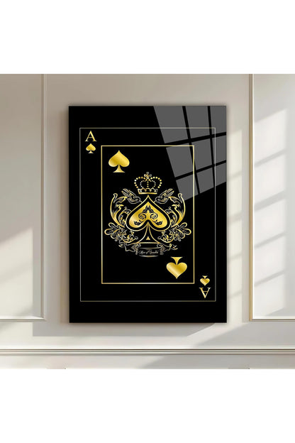POKER AS KARTI CAM TABLO - ALTIN SİYAH ZEMİN MODERN PREMİUM DEKORATİF DUVAR TABLOSU