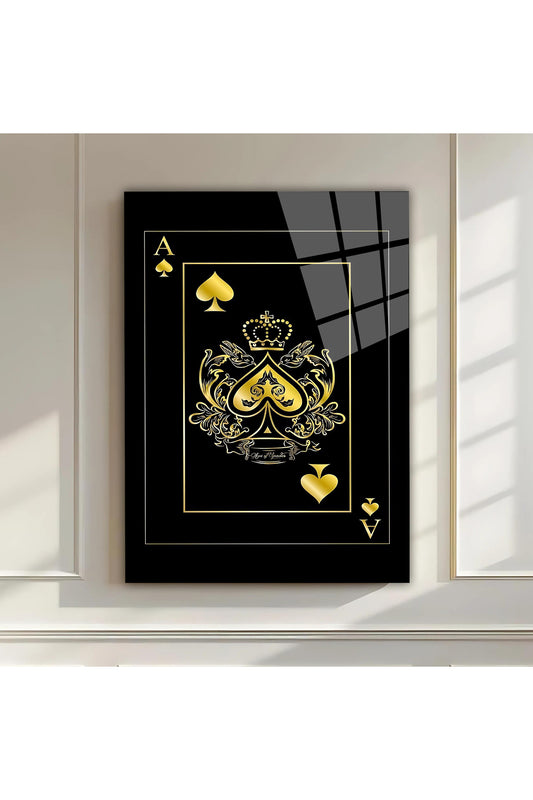 POKER AS KARTI CAM TABLO - ALTIN SİYAH ZEMİN MODERN PREMİUM DEKORATİF DUVAR TABLOSU