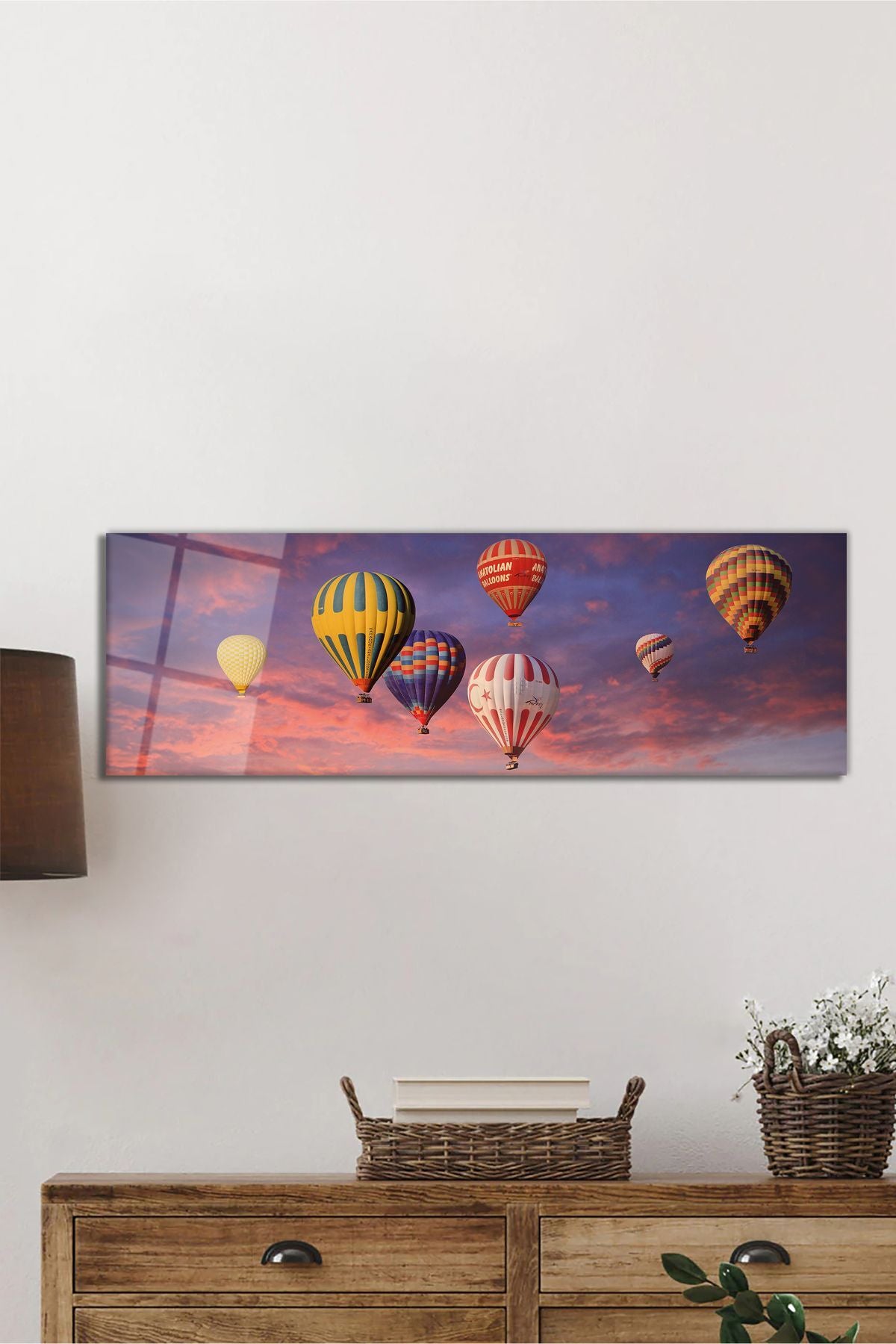 Kapadokya Balonlar Manzarası Panoramik Cam Tablo, Ev Ofis Duvar Dekoru, Hediyelik Dayanıklı Temperli