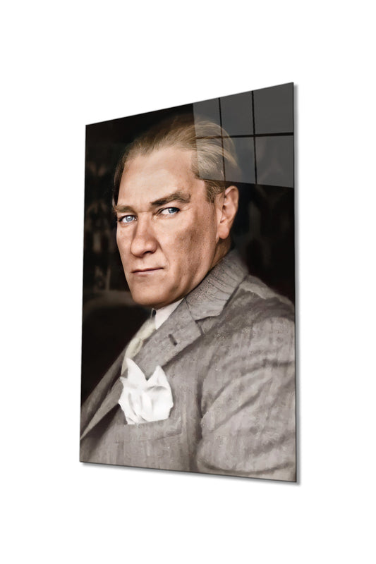 Takım Elbiseli Mustafa Kemal Atatürk Portresi Cam Tablo, ATA, Ev Ofis Okul Duvar Dekoru Temperli Cam