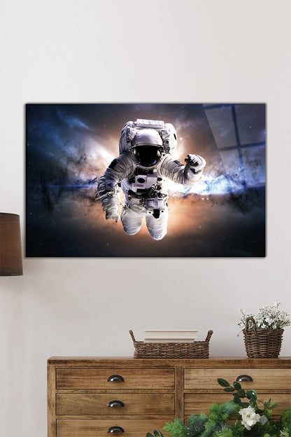 Uzayda Astronot Yatay Cam Tablo, Evren ve Galaksi, Ev ve Ofis Duvar Dekoru, Lüks Hediyelik