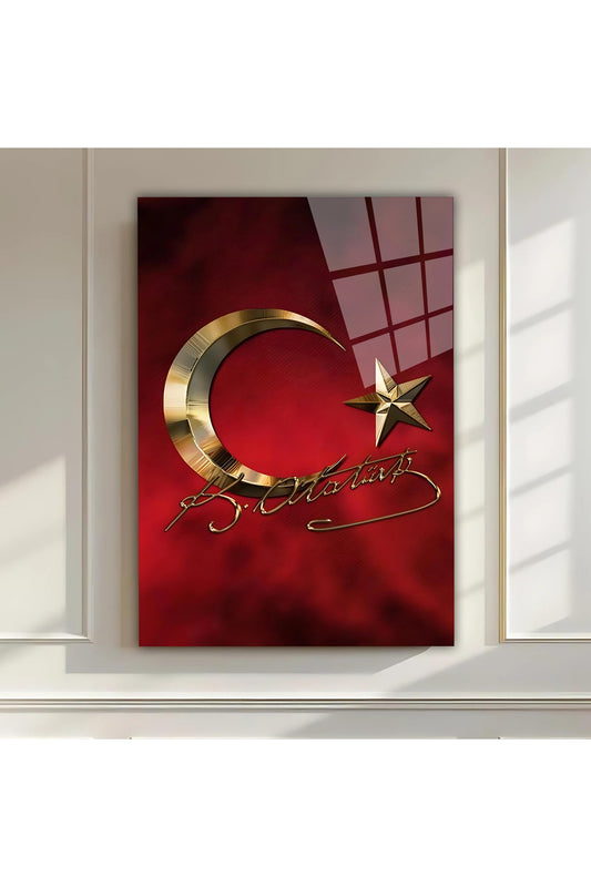 Atatürk İmzalı Ay Yıldız Cam Tablo – Kırmızı Zemin Üzerinde Altın Detaylı Dekoratif Duvar Sanatı