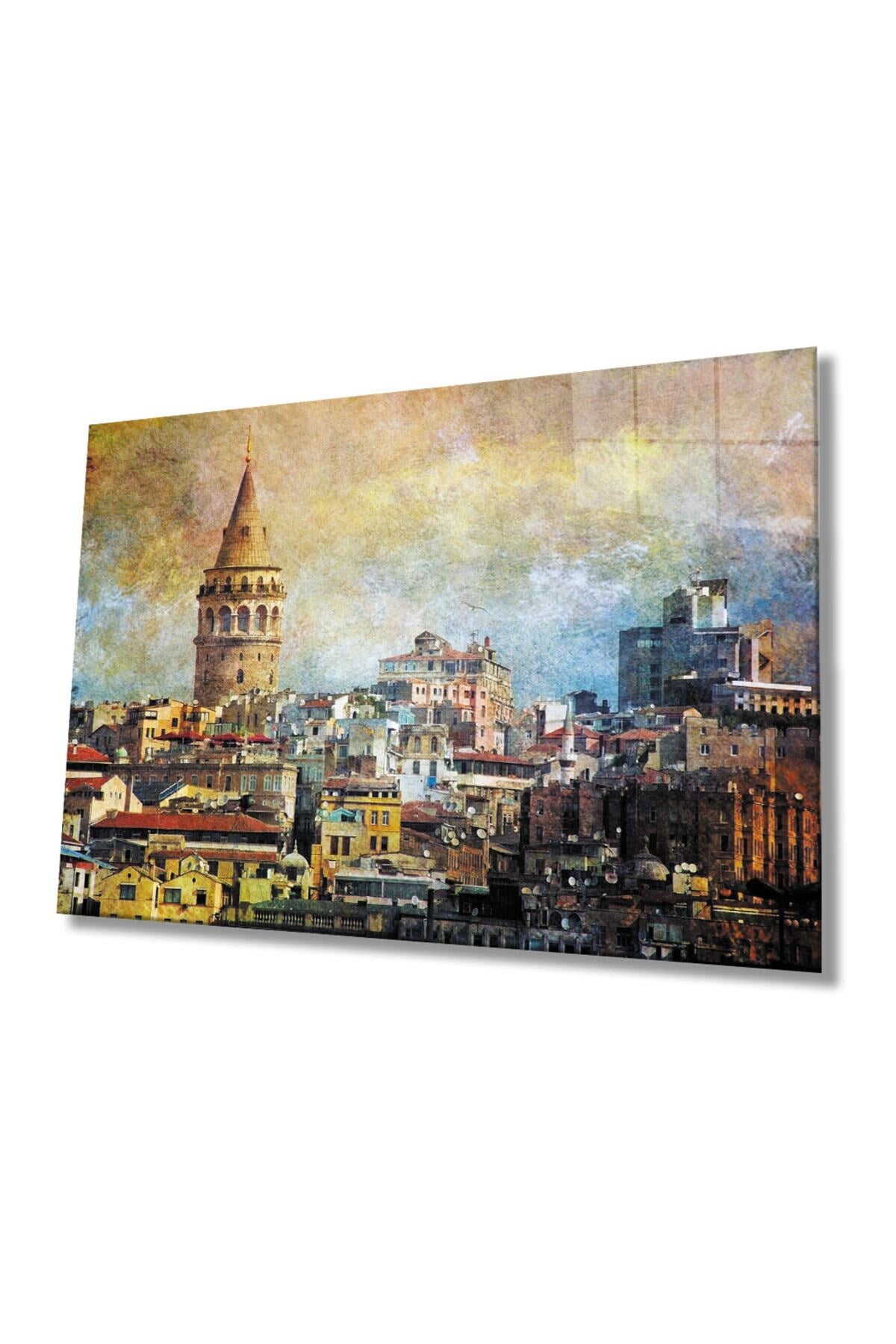 İstanbul Sulu Boya Galata Kulesi Manzarası Cam Tablo, Ev Ve Ofis Duvar Dekoru, Hediyelik, Temperli