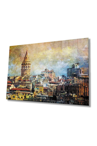 İstanbul Sulu Boya Galata Kulesi Manzarası Cam Tablo, Ev Ve Ofis Duvar Dekoru, Hediyelik, Temperli