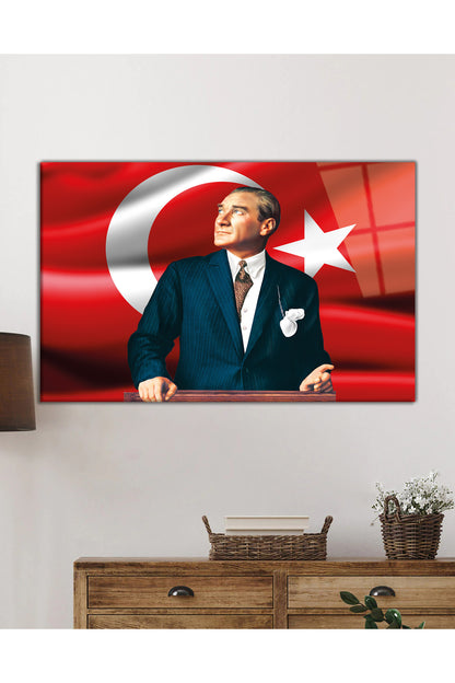 Mustafa Kemal Atatürk Türk Bayrağı Cam Tablo, Ev, Ofis ve Okul Duvar Dekoru, Hediyelik, Temperli Cam