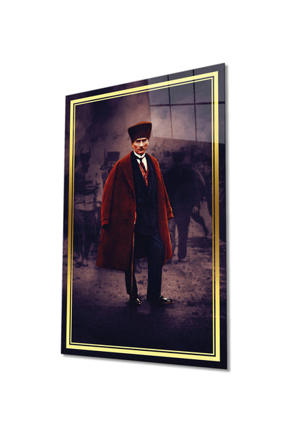 Gold Şeritli Mustafa Kemal Atatürk Portresi Cam Tablo, Ev Ofis Okul Duvar Dekoru Hediyelik Temperli