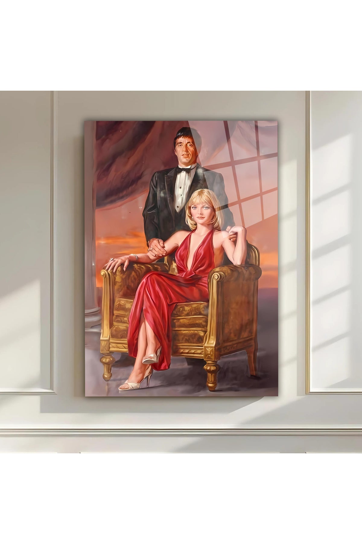 Tony Montana & Elvira Çift Tasarım Cam Tablo – Film Karakteri Dekoratif Poster