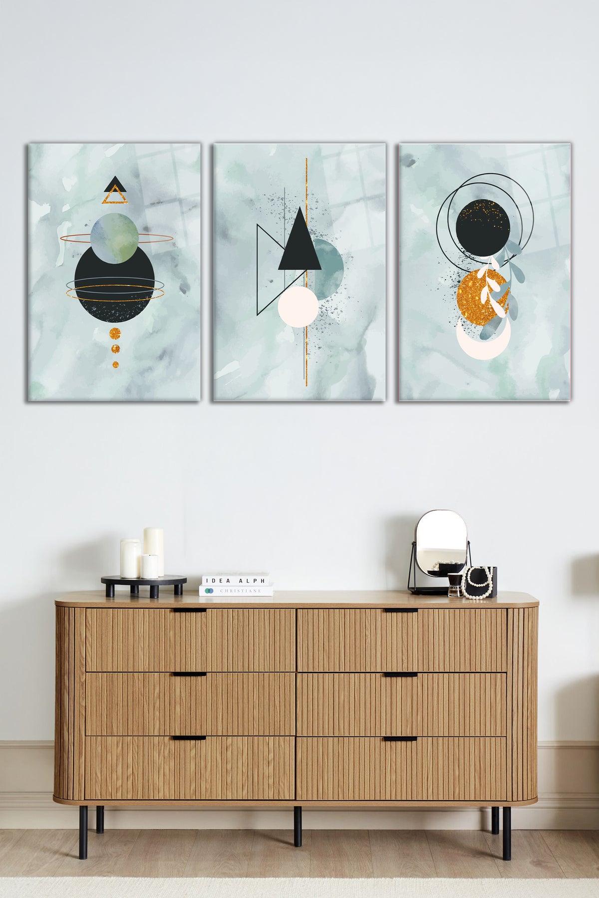 Modern Geometrik Çizimler Kombin 3 Parça Set Cam Tablo, Ev ve Ofis Duvar Dekoru, Lüks Hediyelik