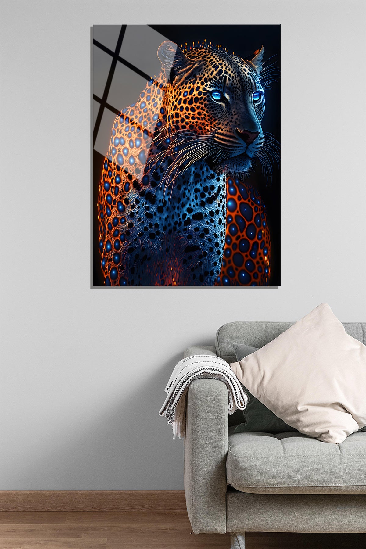 LEOPAR TEMALI CAM TABLO-MAVİ GÖZLÜ LEOPAR HAYVAN CAM TABLO-DEKORATİF DUVAR TABLOSU-EV HEDİYESİ-OFİS