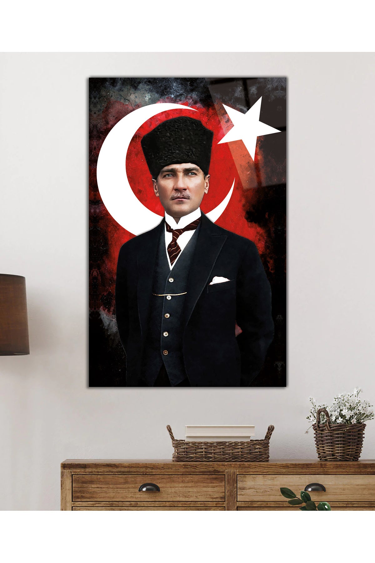 Türk Bayrağı ve Mustafa Kemal Atatürk Portresi Cam Tablo, Ev Ofis Okul Duvar Dekoru, Hediyelik