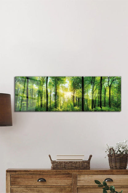 Yeşil Ağaçlar ve Orman Manzarası Panoramik Cam Tablo, Ev Ofis Duvar Dekoru, Hediyelik Temperli Cam