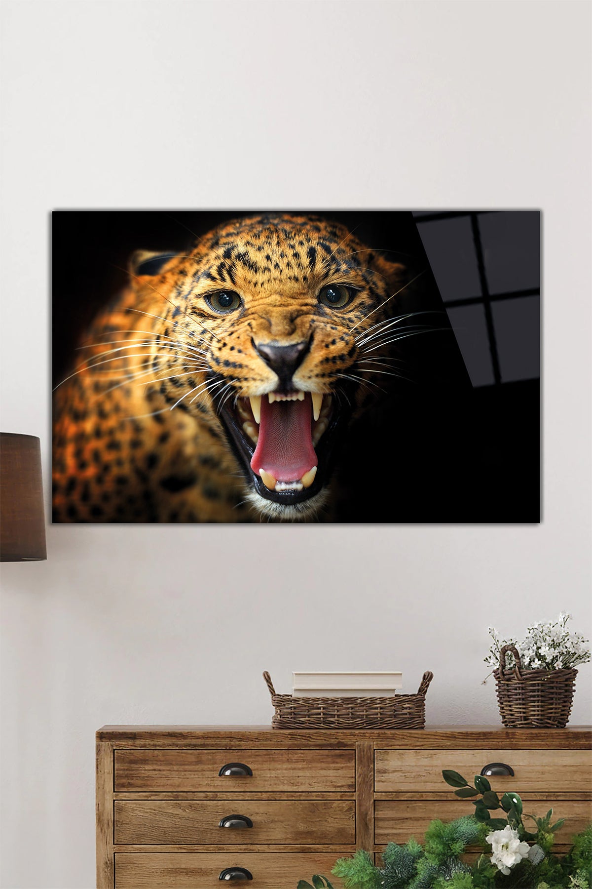 Vahşi Jaguar Hayvan Portresi Yatay Cam Tablo, Ev ve Ofis Duvar Dekoru, Lüks Hediyelik
