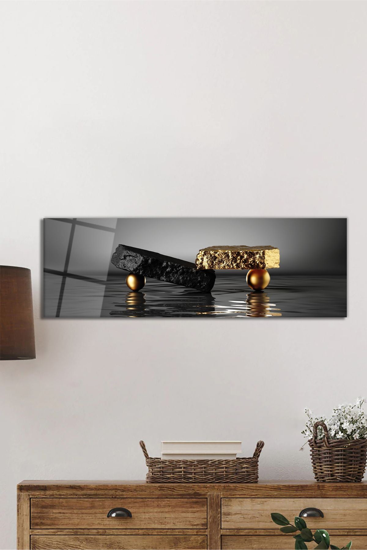 Taşların ve Kürelerin Dengesi Panoramik Cam Tablo, Modern Ev Ofis Duvar Dekoru, Hediyelik Temperli