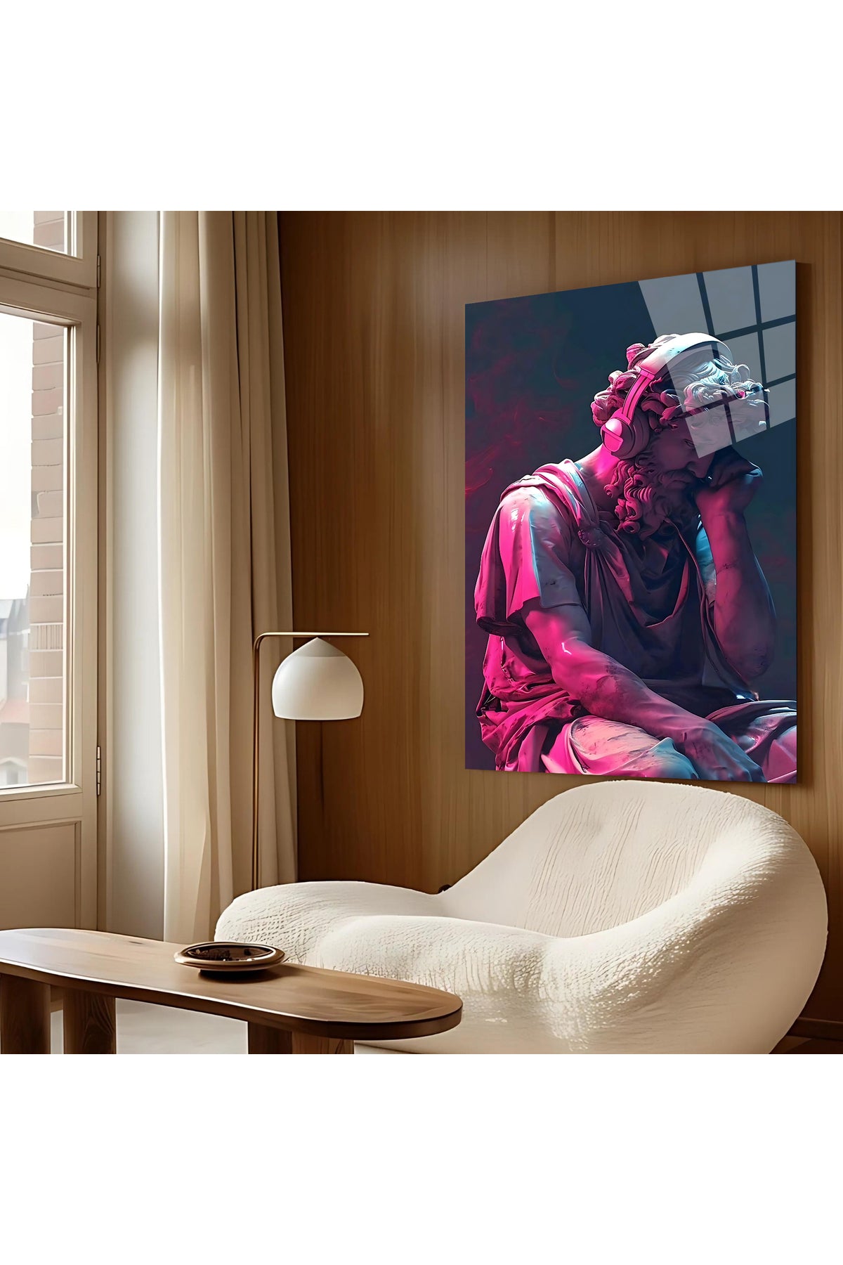 Pop Art Heykel Cam Tablo – Neon Pembe Mavi Renkli Modern Tasarımlı Premium Ev ve Ofis Duvar Dekoru