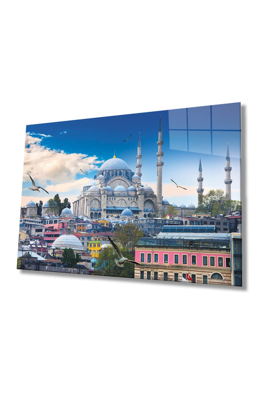 İstanbul Süleymaniye Camii Manzarası Cam Tablo, Ev Ve Ofis Duvar Dekoru, Hediyelik, Temperli Cam