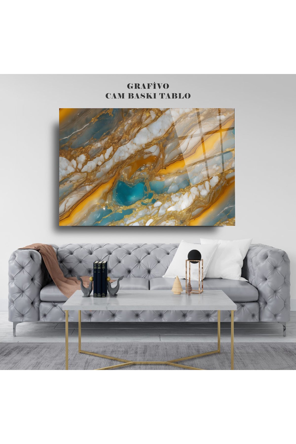 Turkuaz Sarı Beyaz Mermer Desenli Cam Tablo – Lüks Modern Soyut Dekoratif Sanat
