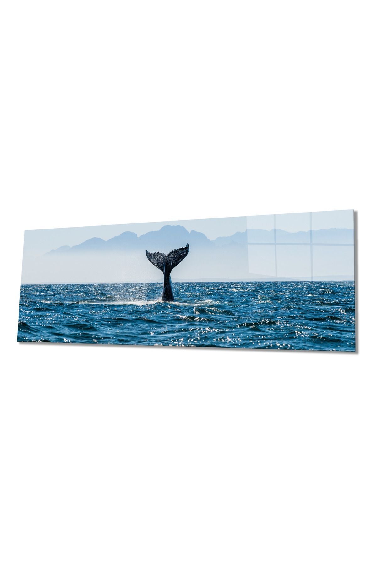 Mavi Deniz Balina Manzara Panoramik Cam Tablo, Ev Ofis Duvar Dekoru Hediyelik Dayanıklı Temperli Cam