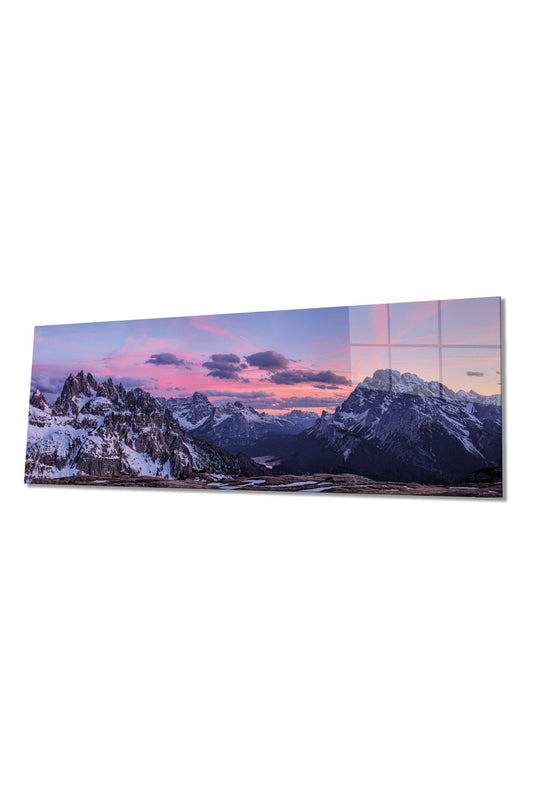 Karlı Dağlar ve Renkli Gökyüzü Panoramik Cam Tablo, Modern Ev Ofis Duvar Dekoru, Hediyelik Temperli