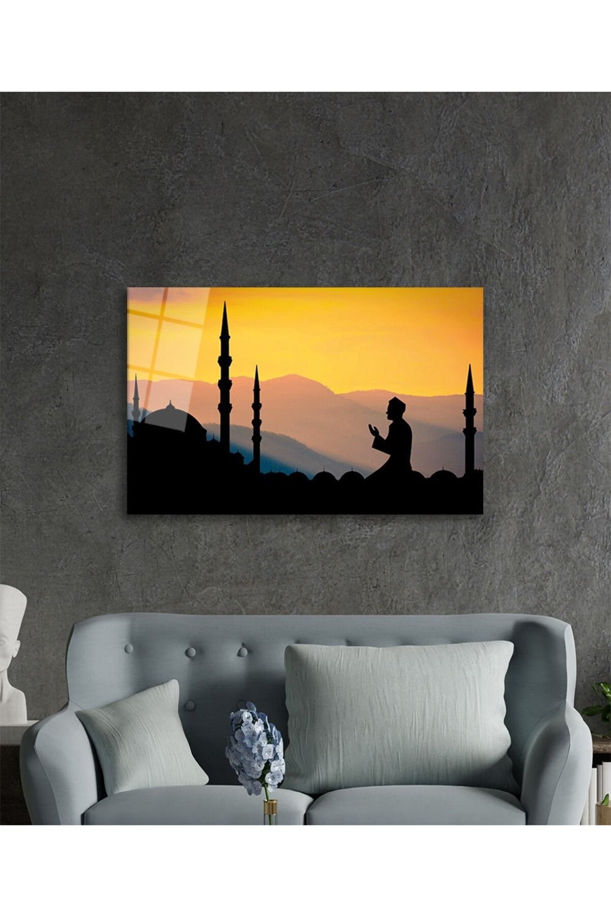 Camide İbadet ve Dua Eden İnsan Cam Tablo, Dini İslami, Ev Ofis Hediyelik Duvar Dekoru, Temperli Cam