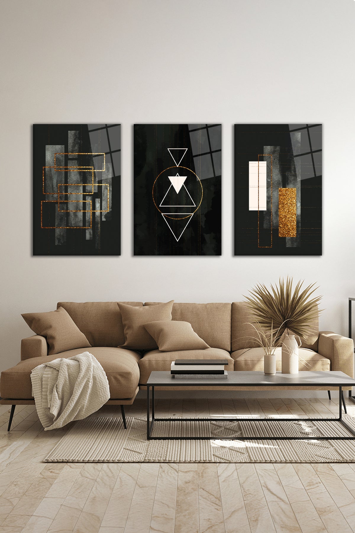 Modern Geometrik Çizgiler 3 Parça Set Cam Tablo, Ev ve Ofis Duvar Dekoru, Lüks Hediyelik
