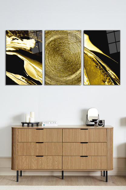 Siyah Fon Soyut Gold Altın 3 Parça Set Cam Tablo, Ev ve Ofis Duvar Dekoru, Lüks Hediyelik