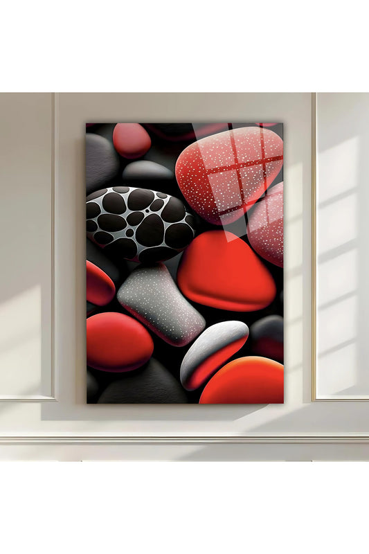 Kırmızı Siyah Taş Desenli Cam Tablo - 3D Efektli Modern Premium Dekoratif Duvar Sanatı