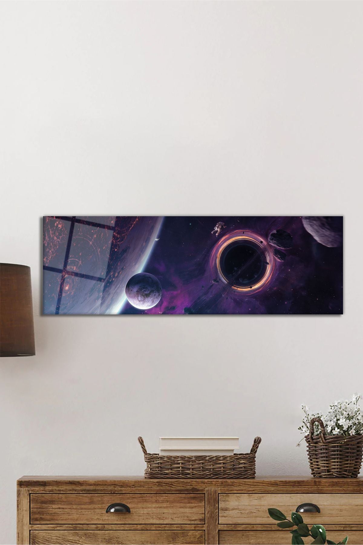 Uzay ve Gezegenler Astronot Manzarası Panoramik Cam Tablo, Ev Ofis Duvar Dekoru, Hediyelik Temperli