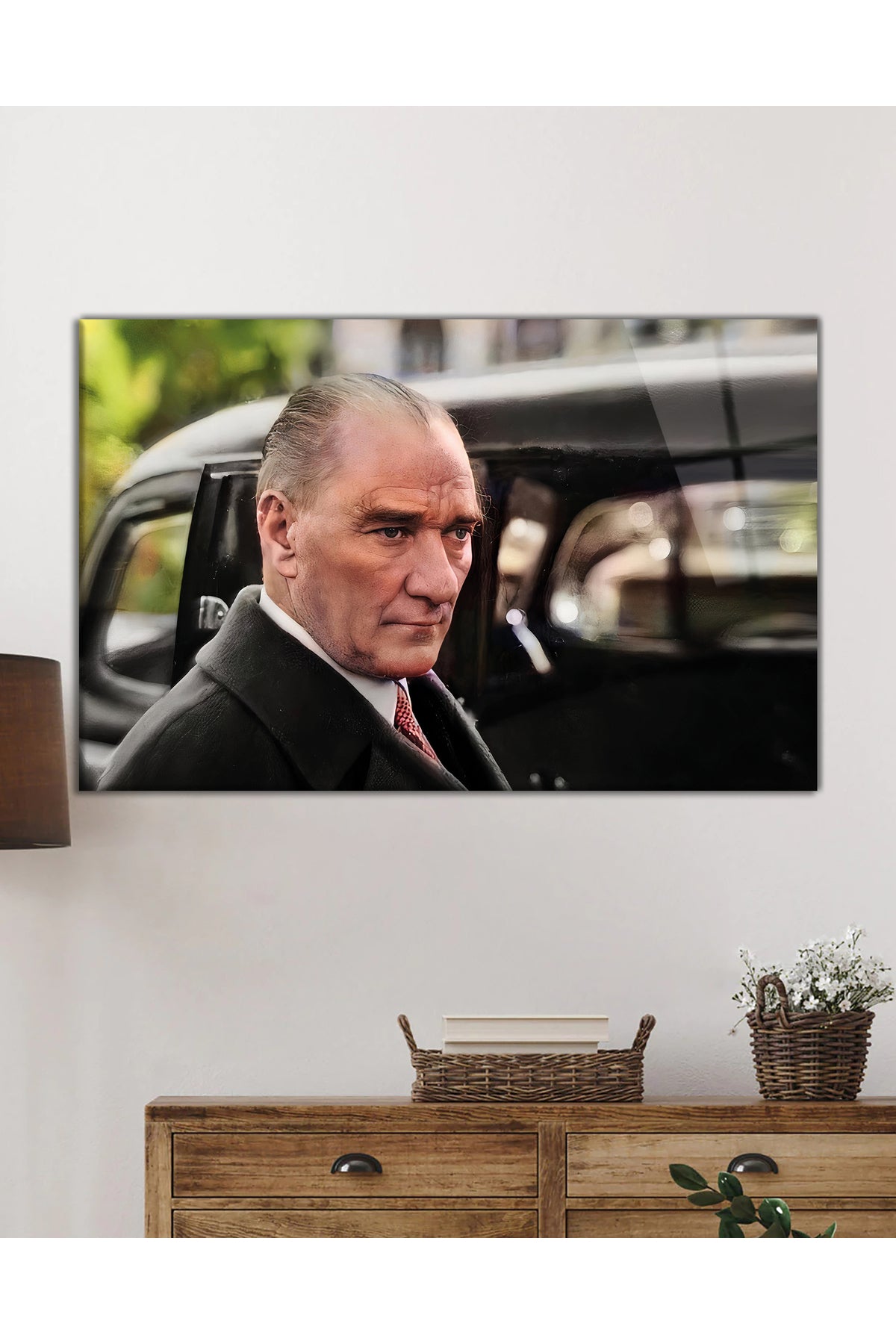 Mustafa Kemal Atatürk ve Arabası Cam Tablo, Ev Ofis Okul Duvar Dekoru, Hediyelik Büyük Temperli Cam