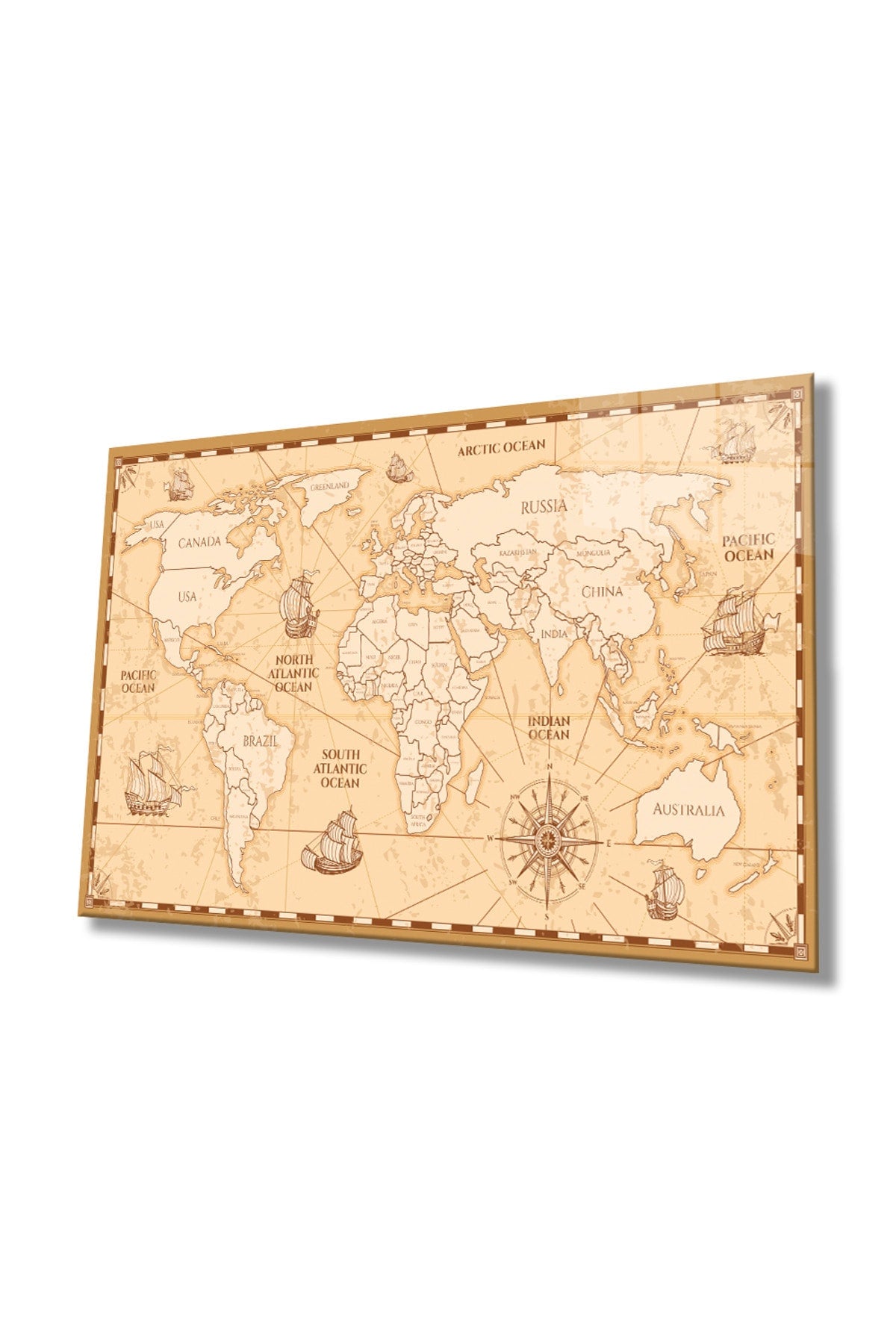 Tarihi Eski Dünya Haritası Cam Tablo, Ev Ve Ofis Duvar Dekoru, Hediyelik, Dayanıklı Temperli Cam