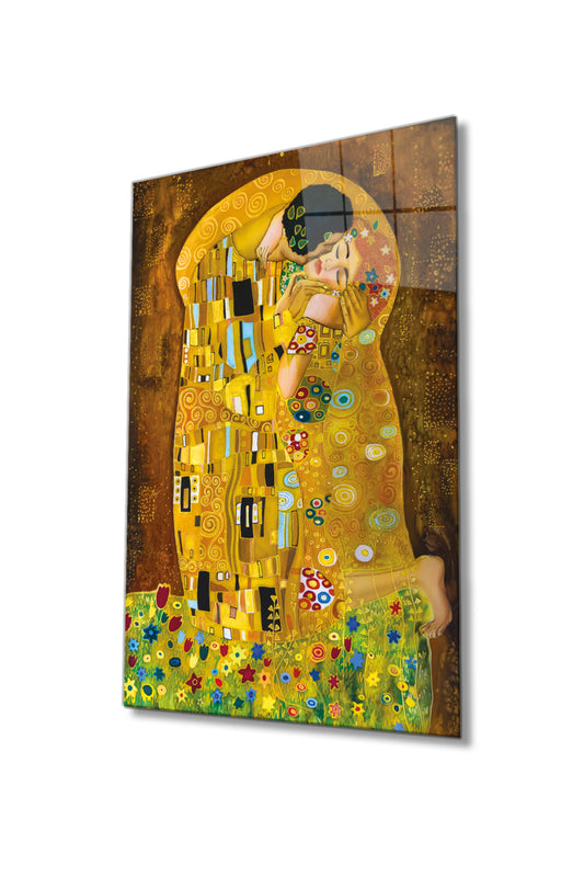 Gustav Klimt Öpücük Der Kuss Sanat Cam Tablo, Ev Ofis Duvar Dekoru, Hediyelik Dayanıklı Temperli Cam