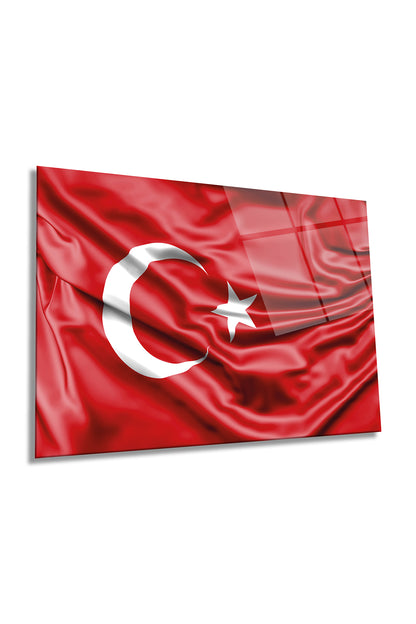Kırmızı Dalgalı Türk Bayrağı Yatay Cam Tablo, Türkiye Bayrak, Ev Ofis Duvar Dekoru, Lüks Hediyelik