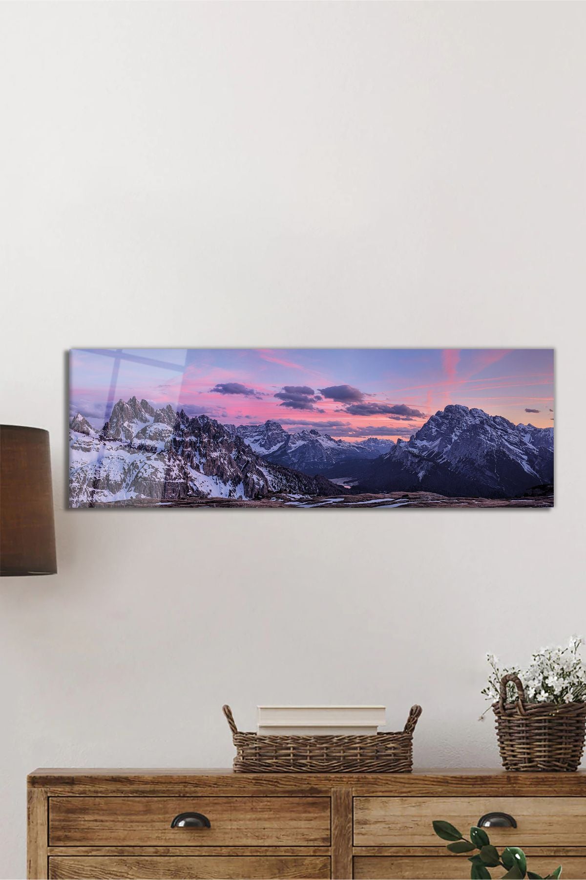 Karlı Dağlar ve Renkli Gökyüzü Panoramik Cam Tablo, Modern Ev Ofis Duvar Dekoru, Hediyelik Temperli