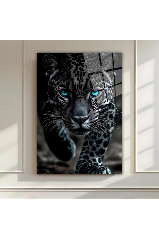Mavi Gözlü Leopar Cam Tablo – Güçlü Bakışıyla Etkileyici Bir Ev & Ofis Hediyesi