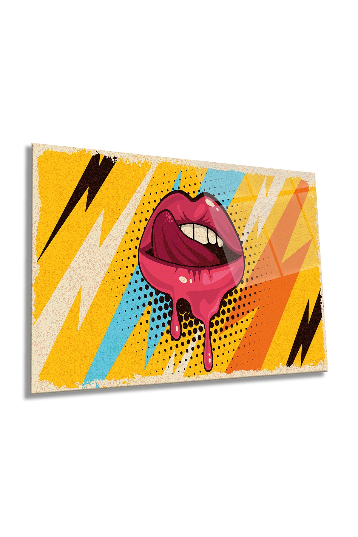 Pop Art Retro Kadın Dudağı Yatay Cam Tablo, Modern, Ev ve Ofis Duvar Dekoru, Lüks Hediyelik