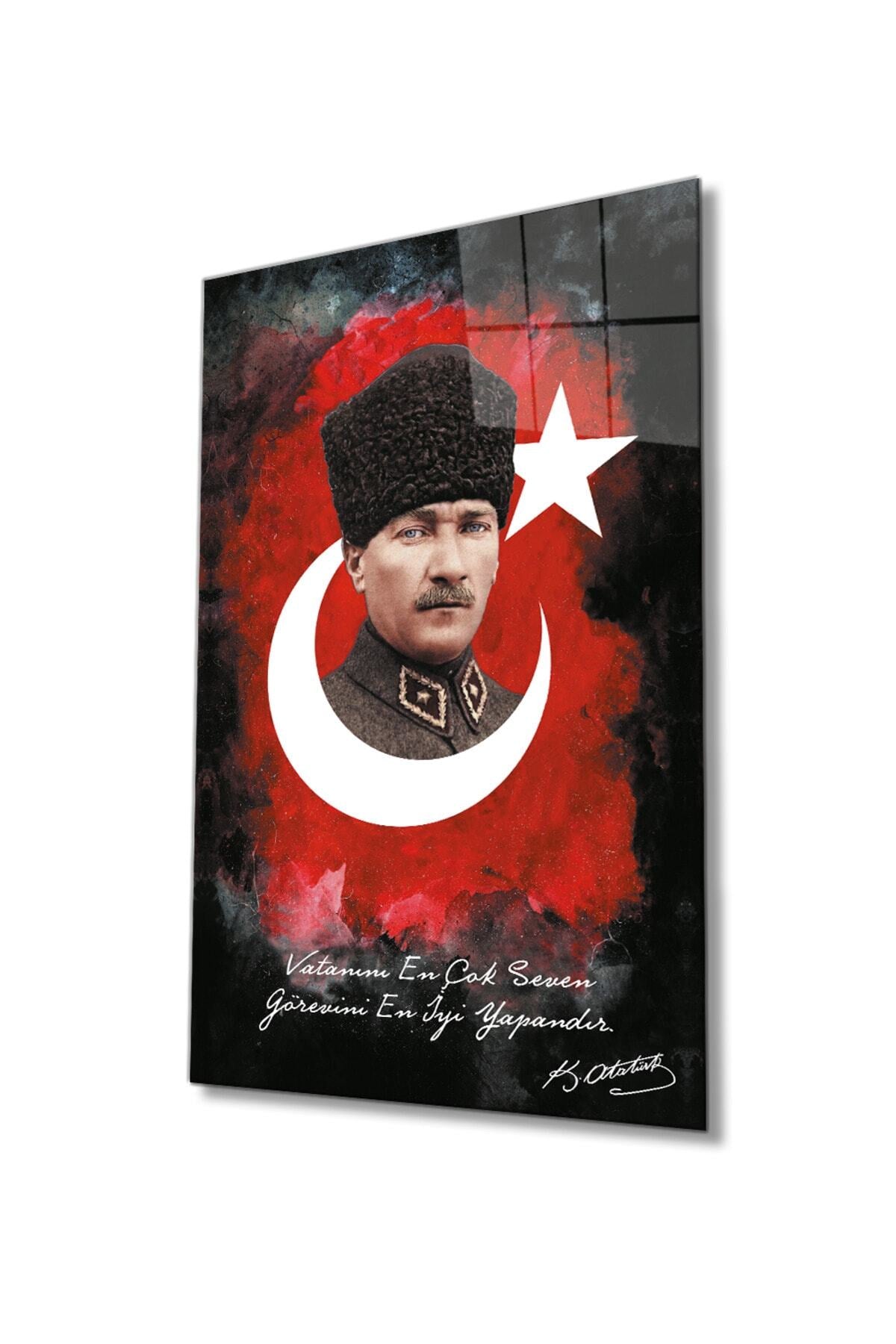 Mustafa Kemal Atatürk Türk Bayrağı Cam Tablo, Vatanını En Çok Seven Görevini En İyi Yapandır, Dekor