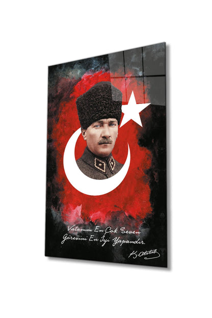 Mustafa Kemal Atatürk Türk Bayrağı Cam Tablo, Vatanını En Çok Seven Görevini En İyi Yapandır, Dekor