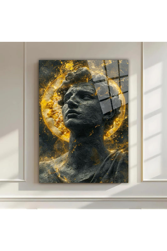 Parıltılı Heykel Cam Tablo – Altın Aura ve Soyut Sanat