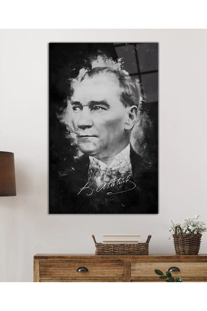 İmzalı Mustafa Kemal Atatürk Portresi Cam Tablo, Siyah Beyaz, Ev Ofis Okul Duvar Dekoru, Hediyelik
