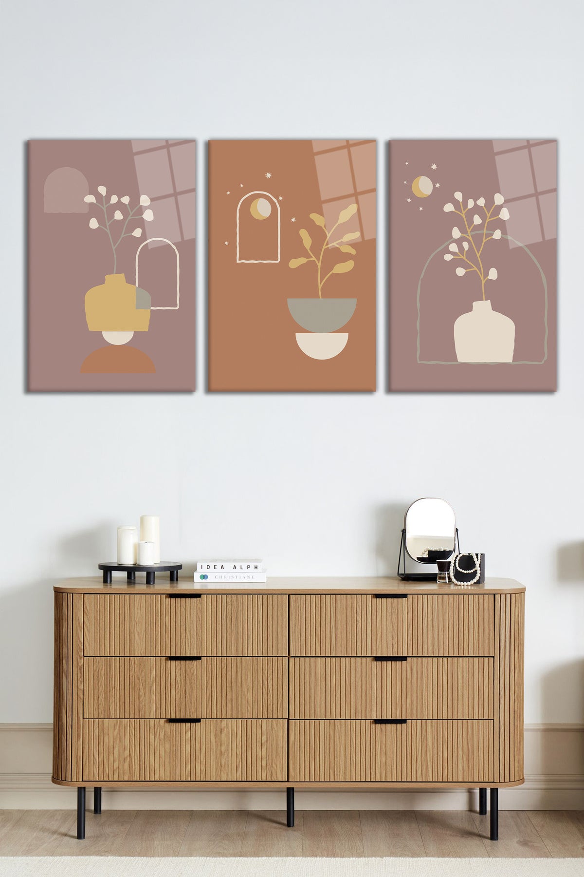 Minimalist Bohem İllüstrasyonu 3 Parça Set Cam Tablo, Ev ve Ofis Duvar Dekoru, Lüks Hediyelik