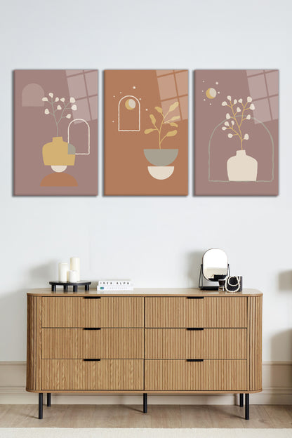 Minimalist Bohem İllüstrasyonu 3 Parça Set Cam Tablo, Ev ve Ofis Duvar Dekoru, Lüks Hediyelik