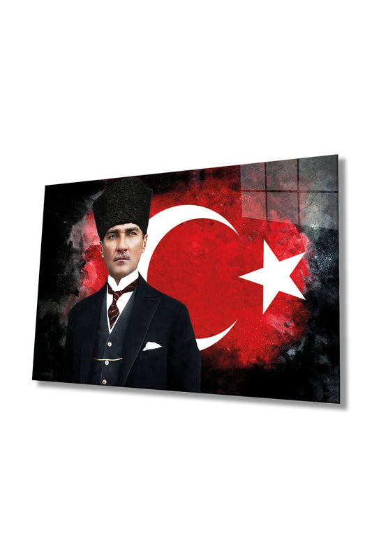 Türk Bayrağı ve Mustafa Kemal Atatürk Portresi Cam Tablo, Ev Ofis Okul Duvar Dekoru, Yatay Hediyelik