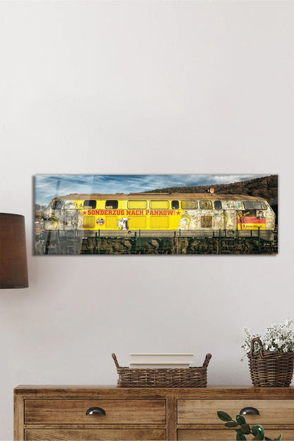 Eski Retro Tren Panoramik Cam Tablo, Modern ve Şık Ev Ofis Duvar Dekoru, Hediyelik Temperli Cam