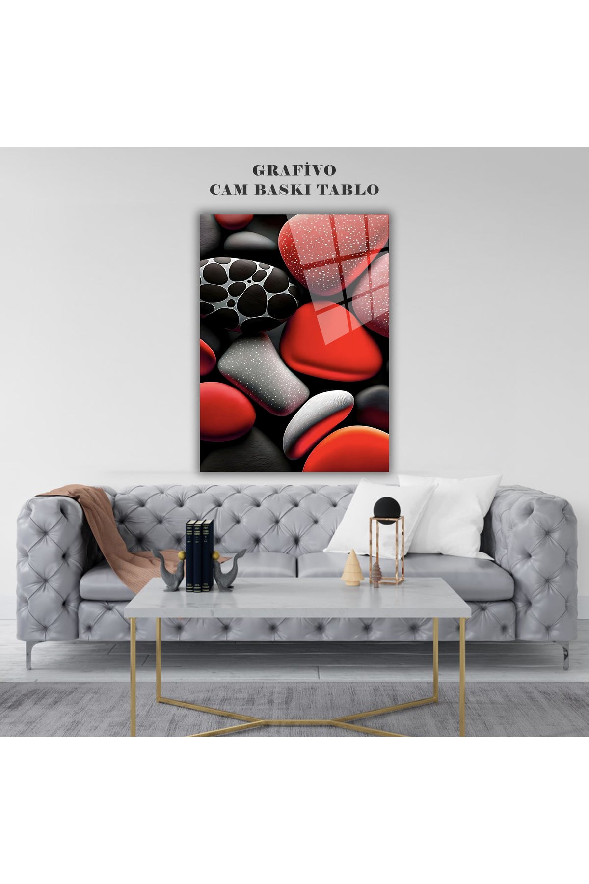 Kırmızı Siyah Taş Desenli Cam Tablo - 3D Efektli Modern Premium Dekoratif Duvar Sanatı