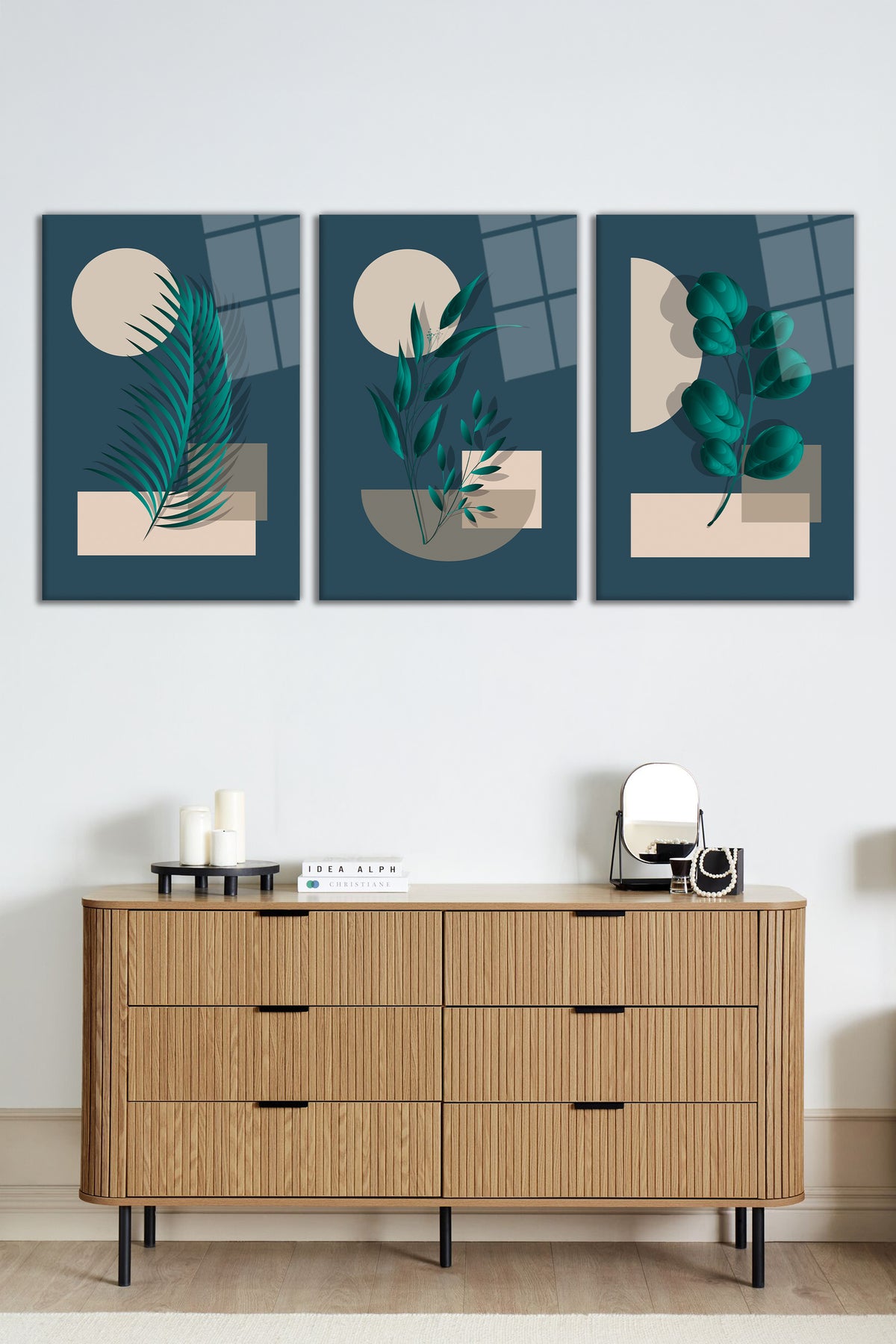 Soyut Modern Geometrik Yapraklar 3 Parça Set Cam Tablo, Ev ve Ofis Duvar Dekoru, Lüks Hediyelik