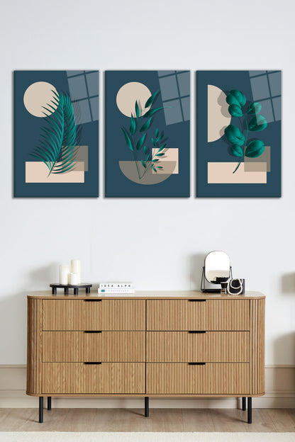Soyut Modern Geometrik Yapraklar 3 Parça Set Cam Tablo, Ev ve Ofis Duvar Dekoru, Lüks Hediyelik
