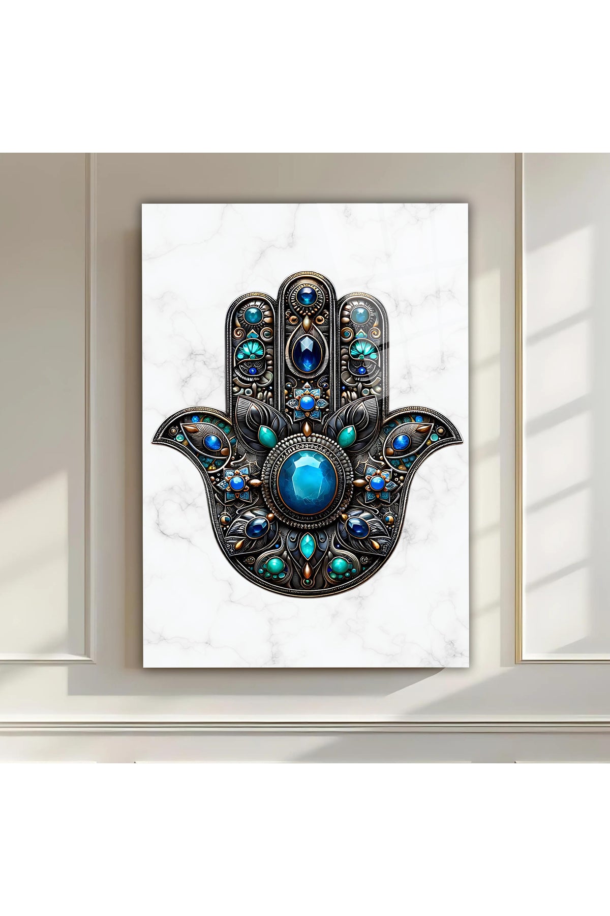 Nazar Koruyucu Hamsa El Motifli Cam Tablo – Ev ve Ofis İçin Anlamlı Dekoratif Hediye