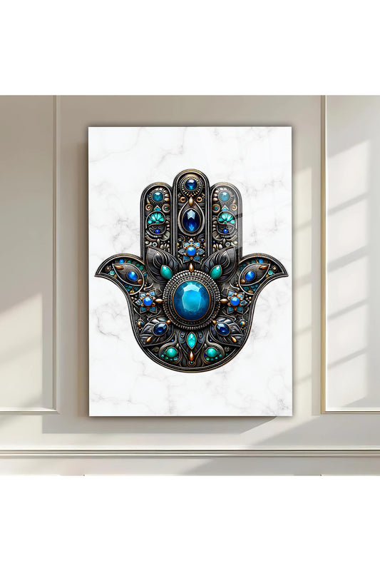 Nazar Koruyucu Hamsa El Motifli Cam Tablo – Ev ve Ofis İçin Anlamlı Dekoratif Hediye
