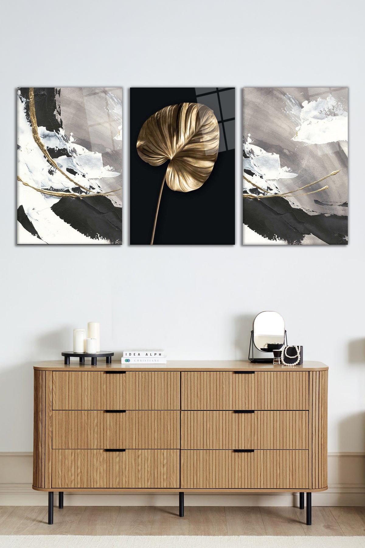 Gold Yaprak ve Soyut Desenler 3 Parça Set Cam Tablo, Ev ve Ofis Duvar Dekoru, Lüks Hediyelik